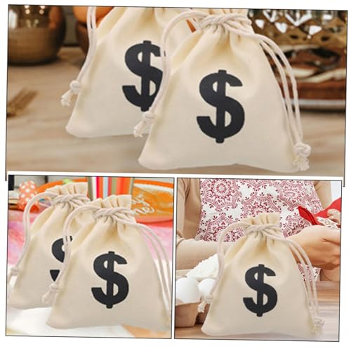 DECORNIJIA 5pcs Drawstring Money Bags for Party Favors Canvas Cloth with Money Sign Beige Cotton Pouch for Cosplay Costume Halloween and Card Theme Decorations3