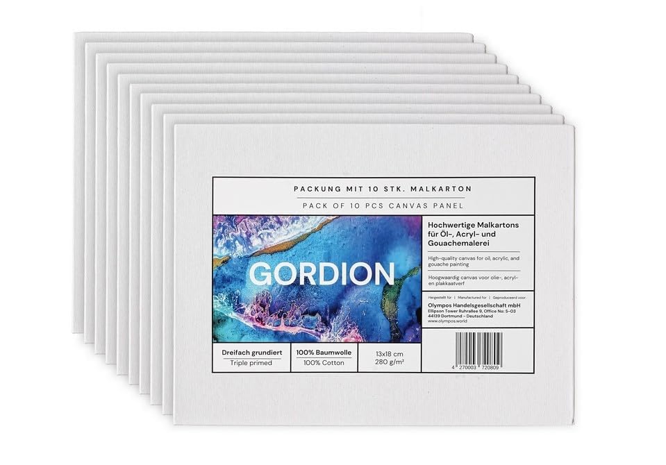 Gordion Malkarton Set, 10er Packung, 280 g/m² Leinwandstoff aus Baumwolle, geeignet für Acyrl-, Öl-, und Gouachefarben (13x18cm)