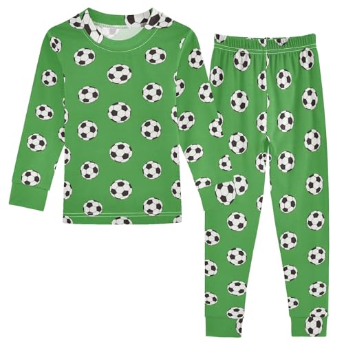 Cartoon Soccer Green Pattern Cute Pajama Sets Long Sleeve Top and Pants, Snug Fit Sleepwear for Night Wears