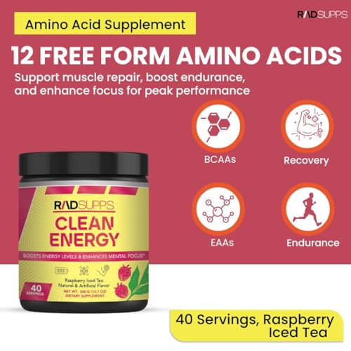 Image of Clean Energy - Pre Workout Powder for Men & Women with BCAAs Amino Acids, Energy Drink Powder, Amino Acid Energy Powder for Energy & Focus - 40 Servings (12.7 oz, Raspberry Iced Tea)