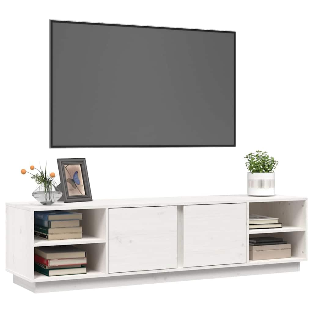 Biała szafka pod telewizor z litego drewna sosnowego, 156 x 40 x 40 cm, szafka pod telewizor z 6 półkami i 2 drzwiami, niska szafka z miejscem do przechowywania do salonu, kina domowego i
