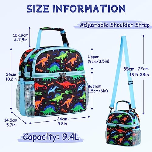 VASCHY Lunch Bag for Kids Insulated Lunch Box Double Compartments Cooler Lunch Tote for Toddlers Boys Girls School/Daycare/Picnic Black Dinos - Image 2