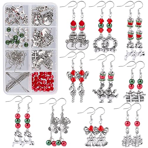 SUNNYCLUE 1 Box DIY 10 works Christmas Charms Snowman Charms Earring Making kit Candy Cane for jewellery Making Reindeer Wreath Gift Box Jingle Bell Christmas Tree Pendants Instruction