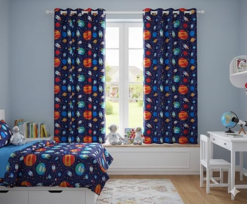Image of 3D Space Theme Pattern Curtain for Kids Room Curtain 5 feet Set 2 pcs Boys Room Curtain Panel for Play School, Playway Light Filtering Window Panel, 4x5 ft Window Curtain, Blue