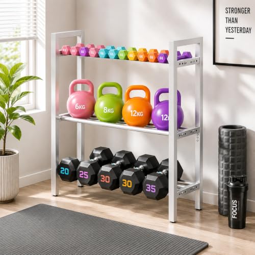 Image of WINSTAR 3-Tier Adjustable Dumbbell Rack | Heavy-Duty Home Gym Weight Storage Stand for Dumbbells & Kettlebells | Space-Saving Home Gym Organizer (Rack Only, Silver)
