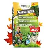 TerraUno Premium Herbstdünger Rasen, gesunder Rasen verdrängt Moos & Unkraut, Rasendünger Herbst mit 60 Tage Langzeitwirkung, 5 kg für 250 m², Herbstrasendünger, Sofortwirkung, extra starkes Grün
