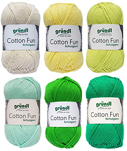 6x50 Gramm Gründl Cotton Fun Häkelgarn Strickgarn inkl. Anleitung für EIN Meerschweinchen (Grün Gelb Mix)