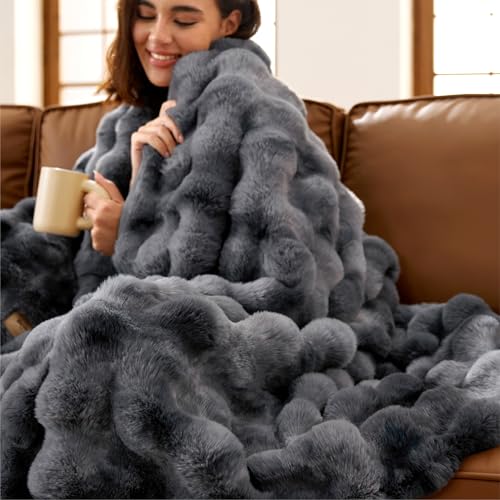 Bedsure GentleSoft Fluffy Faux Fur Blanket Twin Size, Fuzzy Soft Bubble Blanket for Couch, Faux Fur Decor for Home Bedroom Living Room, Thick Furry Cozy Gifts for Women, Tie-dye Grey, 60x80 Inch