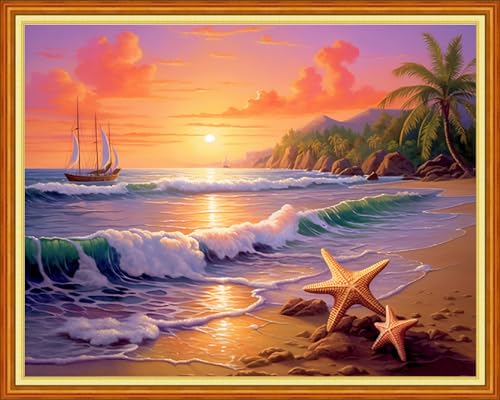 Image of Dooxvey Cross Stitch Kits for Adults Stamped Full Range of Embroidery Starter Kits for Beginners 11CT Printed Cross Stitch Patterns Needlepoint Kits Stamped Crossstitching-Seaside Scenery 16x20 inch
