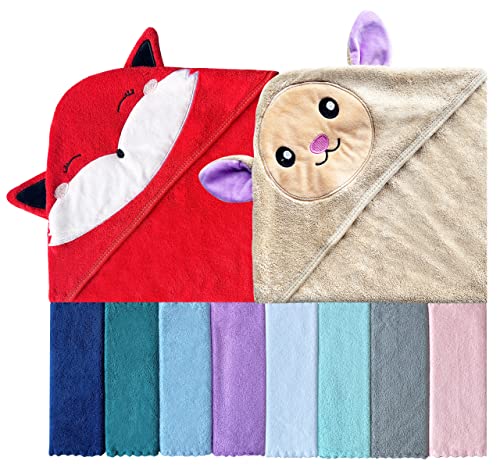 Image of Sunny zzzZZ Baby Hooded Bath Towel and Washcloth Sets, Baby Essentials for Newborn Boy Girl, Baby Shower Towel Gifts for Infant and Toddler - 2 Towel and 8 Washcloths - Fox and Sheep