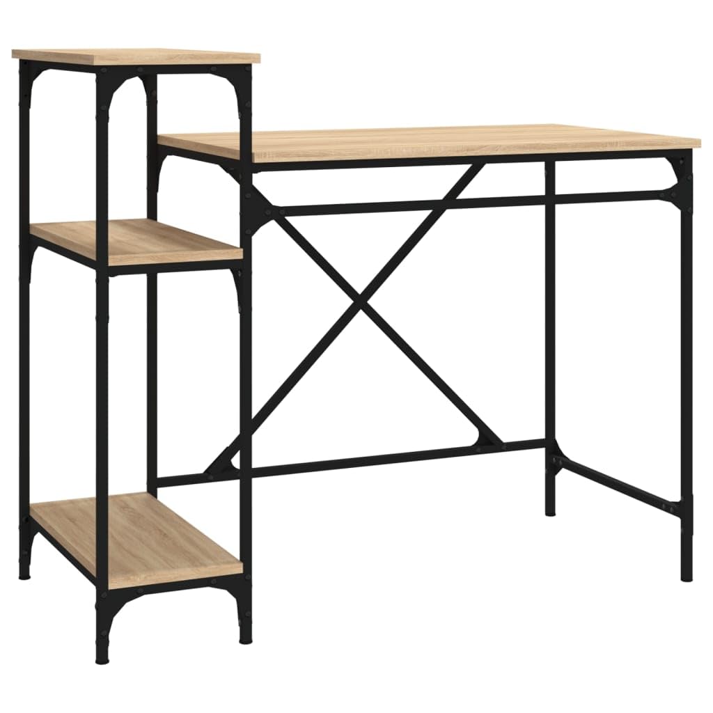 Scrivania con ripiani Quercia 105x50x90cm Legno Ingegneria E Ferro | 3 ripiani portaoggetti, grande superficie di lavoro, stile industriale, telaio in ferro stabile, per ufficio o casa