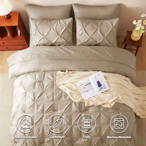 CozyLux King Size Comforter Set Taupe, 7 Pieces Pintuck Bed in A Bag Taupe Comforter King Size, Pinch Pleat Bedding Set with All Season Comforter, Sheets, Pillowcases & Shams