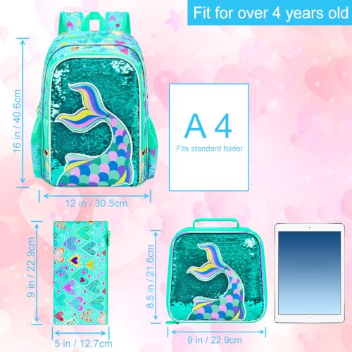 Image of CCJPX 16 inch Mermaid Backpack for Girls, 3Pcs Kids Sequin Bookbag with Lunch Box, Water Resistant Elementary School Bag for Kindergarten Preschool Toddler (Green)