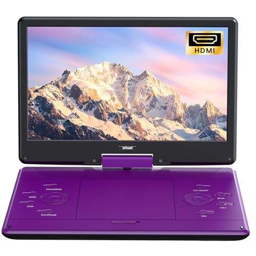 ieGeek 15.9' Portable DVD Player with 14.1' Swivel Screen, HDMI Input, 6-Hour Rechargeable Battery, Region Free, USB/SD Playback, Ideal Gift for Seniors, Kids and Travel, Purple