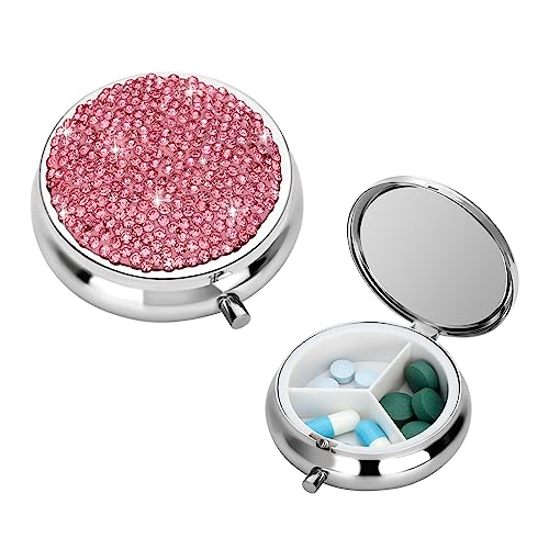 Image of Soleebee Bling Crystal Pill Box, Portable 3 Compartments Daily Pill Organizer, Small Travel Pill Case for Purse or Pocket, Medicine Vitamin Pill Container Organizer (Pink)
