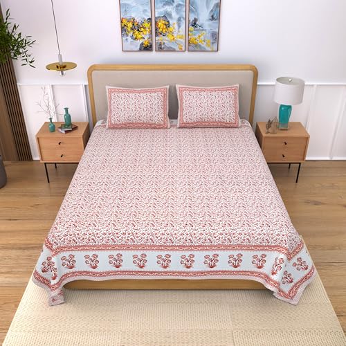 Image of India 100% Pure Cotton Jaipuri Printed Double Bedsheet with 2 Pillow Covers | Traditional Sanganeri Floral Design | Soft Breathable Fabric | King Size Bedsheet for Bedroom (Kaya32)