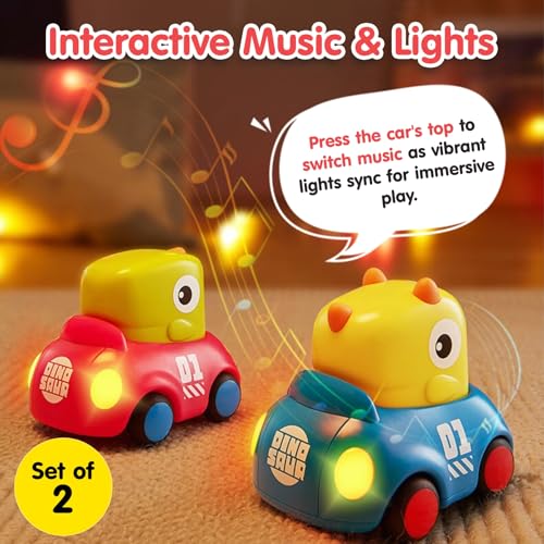 Image of Kidology Dinosaur Car for Toddlers Dinosaur Inertia 12 Months & Above Old Babies with 8 in Built Music Push & Go Friction Car Baby Toys Birthday Gift for Children Pack of 2,Multicolor