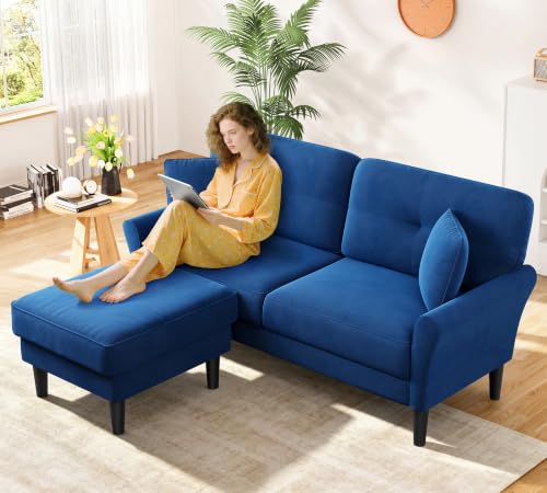 Image of Kidirect Small Sectional Couch, 69 inch L Shaped Couch, Sectional Sofa, Blue | Comfy Velvet Couch, Tool-Free Setup, 750lb Max Load, Movable Ottoman, Ideal for Living Room, Bedroom, Apartment, Office