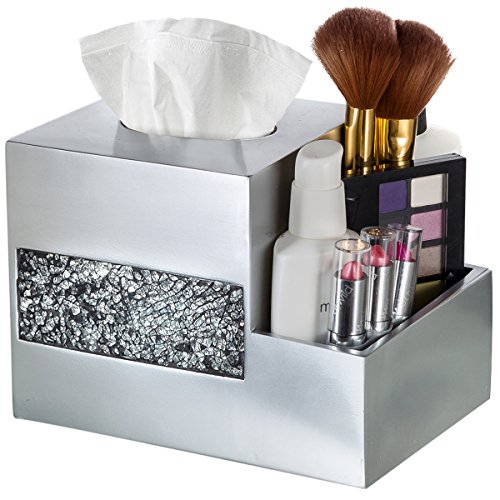 Image of Crackled Glass Tissue Box Cover Square Silver Decorative Multi-function Storage Organizer Caddy; Tissue Box Holder & Countertop Nightstand Bedside Table Organizer Makeup, Phone, Remote Control Holder
