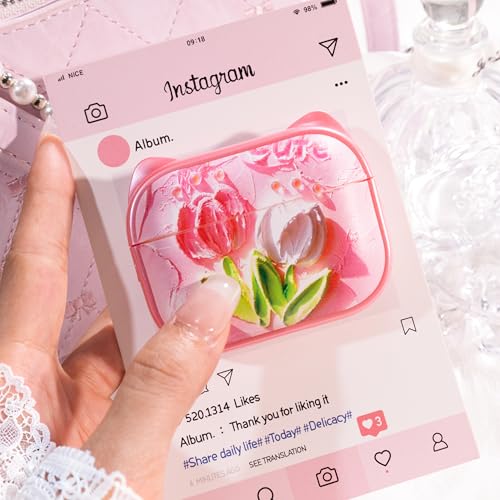 Image of for AirPods Pro 2 Case with Cleaning Kit, Cute Cat Ear Print Design & Cute Buckle for Girls, Phone Holder & Top Safe Lock Buckle Design for AirPods Pro 2nd /1st Gen case, Tulip