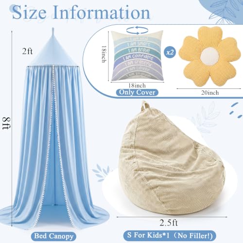 Image of 5 Pcs Reading Nook Set for Kids, Kids Reading Corner Decor with Bean Bag Chair Cover & Throw Pillow Cover(No Filler) Canopy and Flower Pillow for Bedroom Playroom Nursery(Blue)