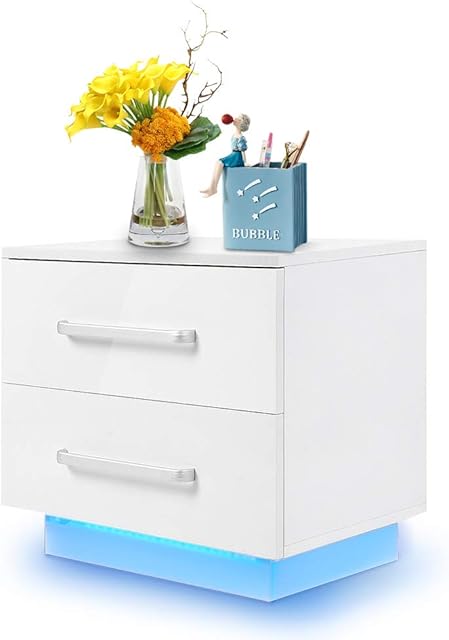Chest of 2 Drawers Bedside Table Cabinet White High Gloss Nightstand Wooden Storage Unit Light Modern Bedside Cabinet Tables with LED Blue Light for Bedroom Living Room