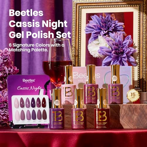 Image of Beetles Purple Gel Nail Polish - HEMA-Free 15ML Full Size 6 Colors Dark Purple Glitter Shimmer Color Gel Nail Polish Set Cassis Night Collection Kit with Swatch Card Home Salon Soak Off UV LED Gifts