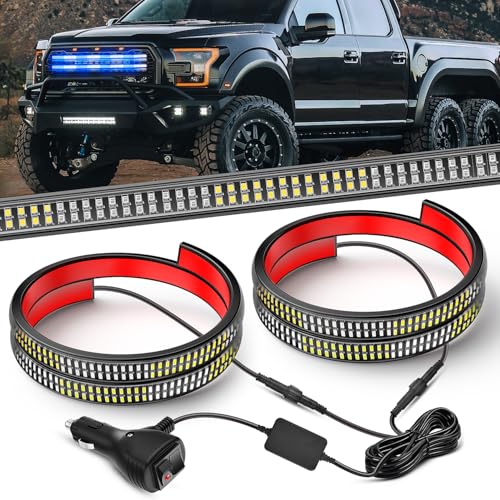 Image of Nilight 2PCS 24 inch Truck Grille Strobe Lights Strip 384 LED Emergency Light Blue White Flexible Side Flashing Warning Caution Safety Waterproof Lighting Kit for Trucks Tow Plow Construction Vehicles