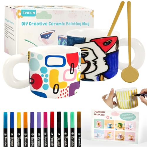 EVIEUN Kit de Peinture Sur Céramique Blanc Tasse Set de Peinture Sur Céramique,Contient 2 Yasses 400ML,12 Stylos de Peinture et 2 Cuillères,Créativité Ensemble de Tasses DIY pour Adultes
