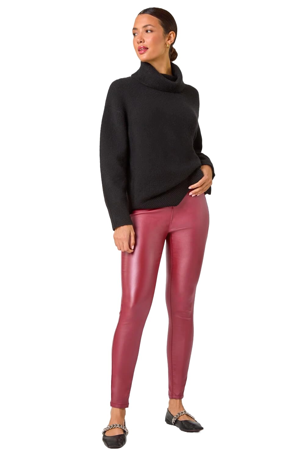 Roman Originals Coated Elastic Waist Bengaline Stretch Trouser for Women UK Ladies PU Mat Legging Jegging Pants High Waisted Pull On Latex Imitation Stretchy Jeans Slimming - Wine - Size 14