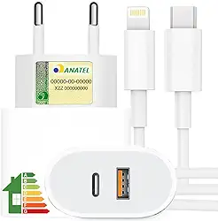 Carregador Turbo 40W Compatível iPhone X Xr 8 11 12 13 14 Plus Pro Max iPad Duas Entradas USB e USB-c Tipo C Com Cabo Tipo C Lightning Carga Rápida Tecnologia POWER DUO