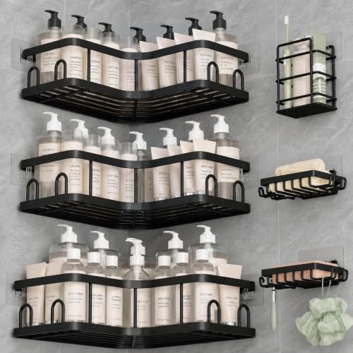 Image of Veken Large Capacity Corner Shower Caddy 6-Pack, Advanced Rustproof Design | No Drilling Adhesive Shelves, High-Load Rack with Soap Dishes & Toothbrush holder, Bathroom Organizers and Storage, Black