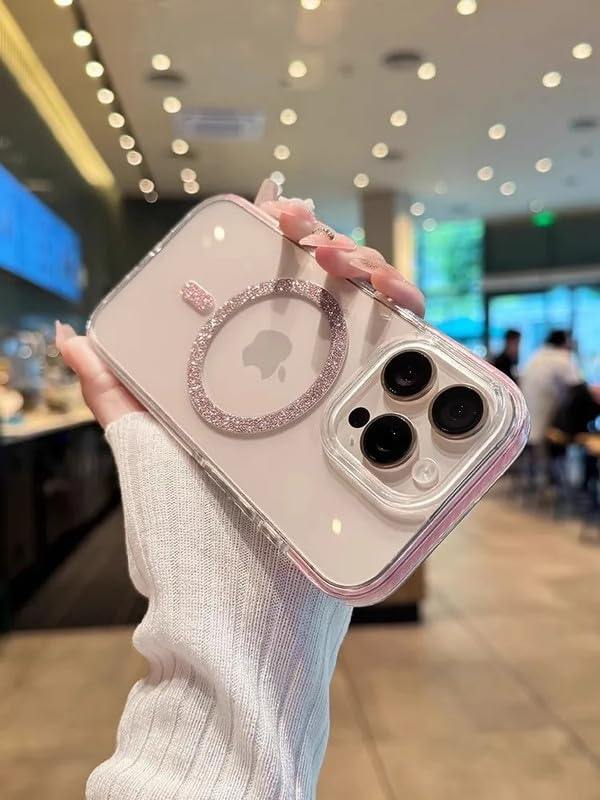 Image of COVERLY Luxury Glitter Mag-Safe Wireless Charging Minimalist Style Phone Case for iPhone 15 Pro Max Transparent Silicone Sparkle Magnetic Bumper Hard Cover (Cute Pink)