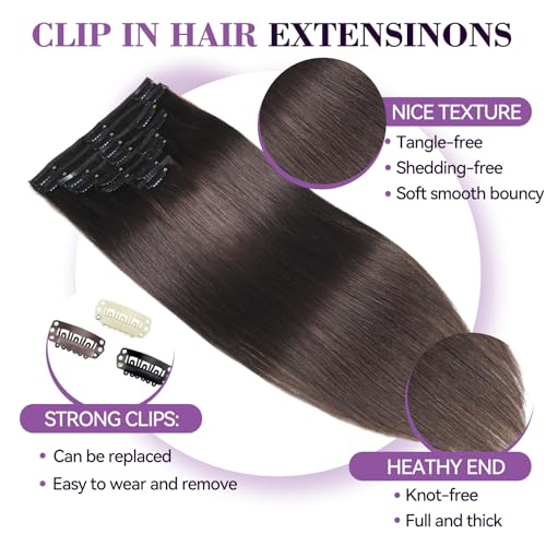 Image of Clip in Hair Extensions Real Human Hair 24 inch 120g /4.2oz Straight Seamless Invisible Human hair Extensions Clip ins for Women Double Weft 8pcs #2-Dark Brown