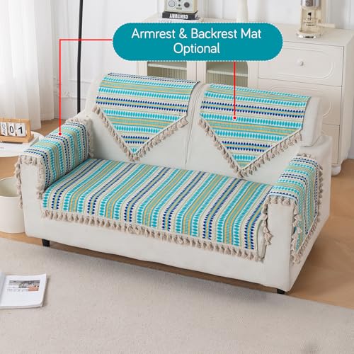 Image of HOKIPO 'Artisan Boho Series' Sofa Cover Mat with Tassel | 450 GSM Cotton Acrylic Jacquard for 2 Seater Sofa, Aqua Blue (IN-902-A4*S)