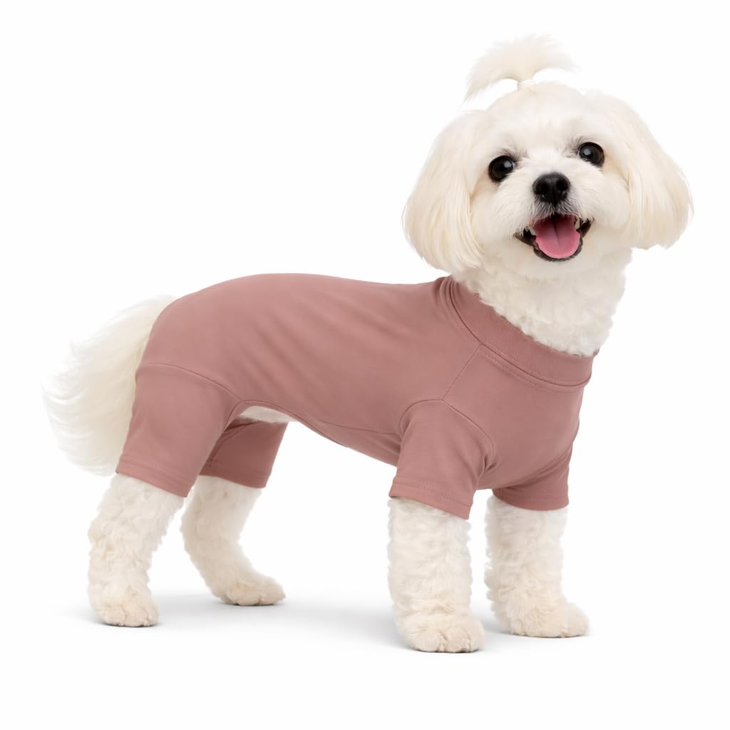 Lovelonglong Dog Full Bodysuit – Stretchy Yoga Fabric 4-Leg Dog Pajamas, Breathable & Lightweight Dog Onesie for Indoor & Outdoor, Shedding Control & Travel Wear Dusty Pink XS