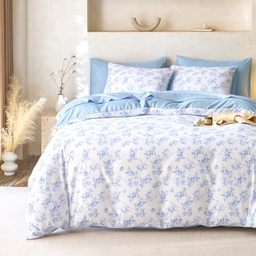 Wake In Cloud - Cottagecore Comforter Set, Floral Vintage Flower Shabby Chic Coquette Aesthetic for Women Teen Girls, Soft Lightweight Dorm Bedding, 3 Pieces, Light Blue, Queen Size by Wake In Cloud - Used condition - US$34.48