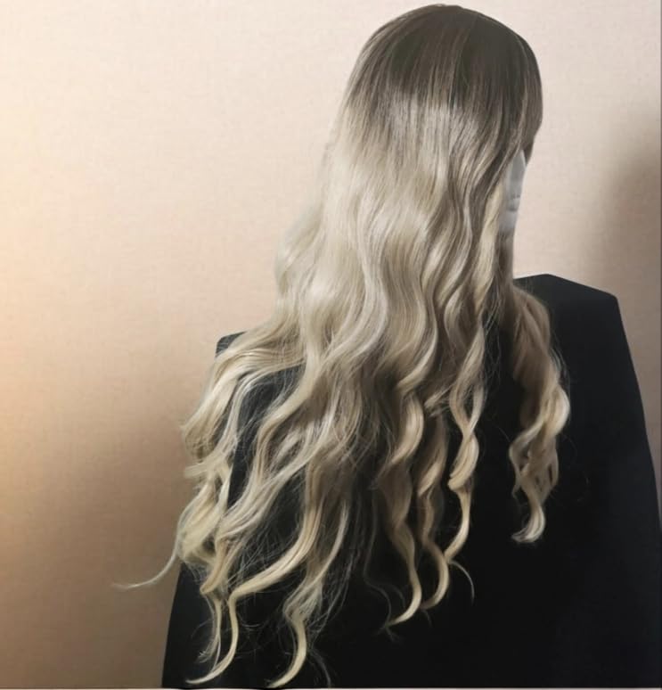 Perruque femme 31 pouces ondulée ombré brune et blonde dégradée avec frange