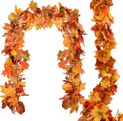 2pack Fall Garland Maple Leaf Garlands 5.9Ft/Piece Fall Maple Leaves Garland Hanging Vine Garlands Artificial Autumn Foliage Thanksgiving Christmas Decor (2 Orange)