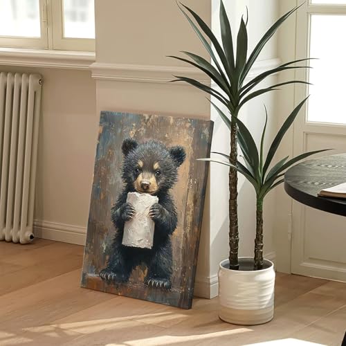 VVL Funny Bathroom Bear Wall Art Black Bear With Paper Canvas Painting Picture Humor Animal Wall Decor for Kids Restroom Bathroom Home Decoration