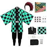 LepiBat Gems Anime Cosplay Costume with Wig for Adults, Japanese Anime Cosplay Uniform Kimono Outfit for Men and Women Halloween Party (Tanjiro, L)