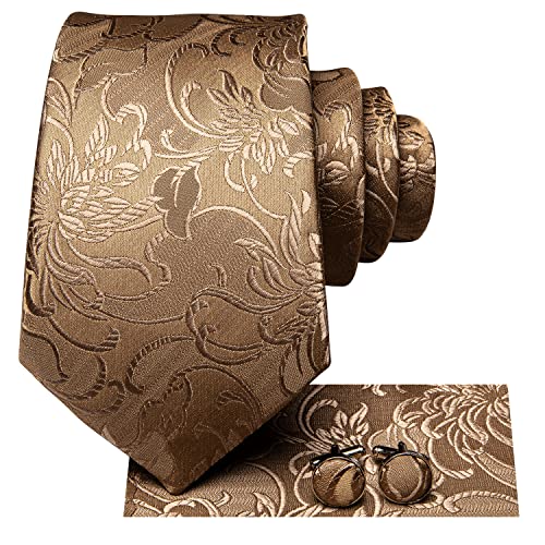 Hi-Tie Floral Khaki Ties for Men Silk Tie and Pocket Squares Cufflinks Set Business Formal Wedding