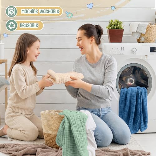 Image of Breling 12 Pcs Muslin Hooded Baby Bath Towel, Hand Towels and Washcloth Set, 36 inchx 36 inch Cotton Newborn Bath Towel Cotton Absorbent Blanket Unisex Newborn Gift Essentials for Girl Boy (Blue Series)
