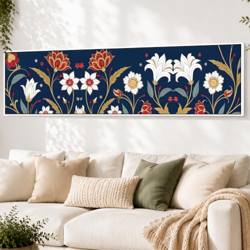 Image of Blue Luxury Floral Botanical Canvas Framed Wall Art Painting For Living Room, Blue Ornamental Flowers Painting With Frame, Elegant Panoramic Botanical Wall Art For Home & Office Decor, 13x47 Inch