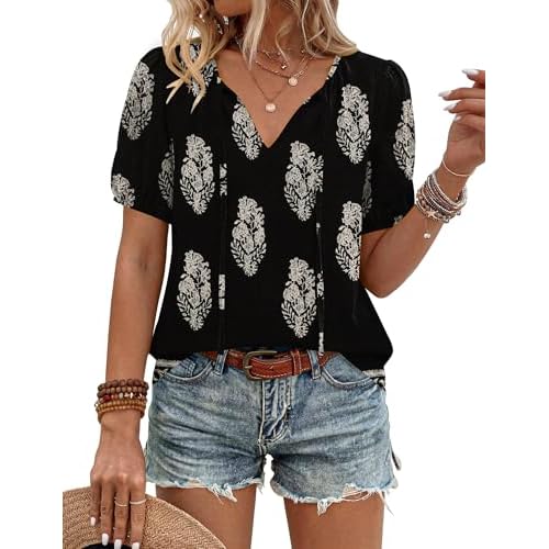 LOMON Boho Tops for Women Summer V-Neck Tie Front Peasant Blouses Casual Puff Sleeve Loose-Fit Flowy Shirts Beach Vacation
