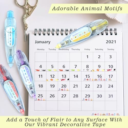 Image of GLUN Decorative Correction Tape 3 Meter Length Cute Cartoon Animal Prints, Cat, Dog, and Owl Prints, Retractable Pen for Scrapbooking, Diary, Planner, Journal DIY Crafts Yellow Colour