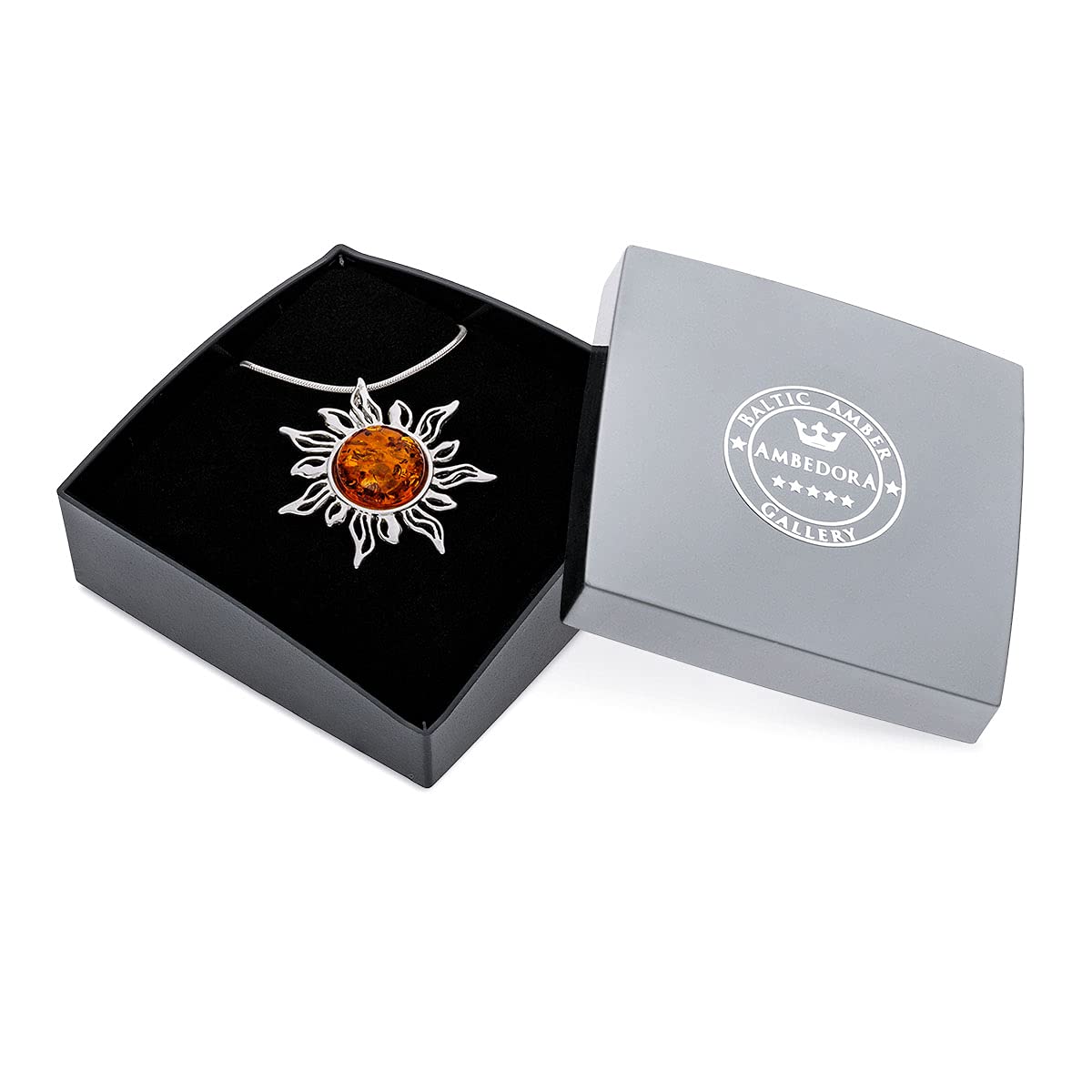 collana d'ambra da donna, argento 925, ciondolo a forma di sole d'ambra su catenina, set pronto da regalare