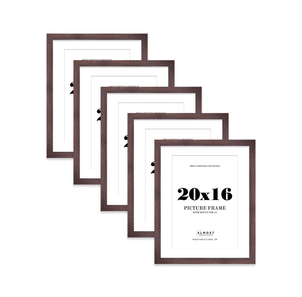 20x16" Walnut Frame With Mount for A3 Pictures 28mm Edge Portrait and Landscape Display with Wall Hooks, 5 Pack