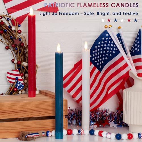 Image of JOIONE Patriotic Flameless Taper Candles with Remote, 3 Pack Red White Blue | Battery Operated, Red White Blue, Real Wax, Remote Control, Warm Flickering Glow, 4th of July Independence Day Party Decor