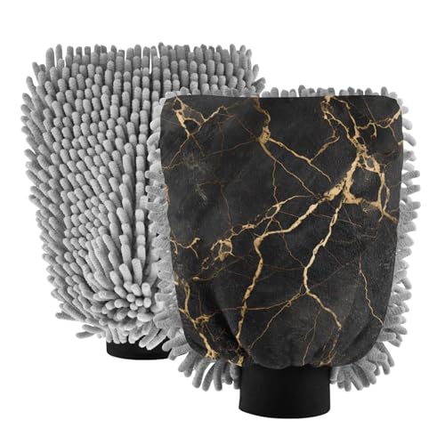 ALAZA Black & Gold Marble Art Car Wash Mitt Scratch Free, 2 Pack Absorbent Microfiber/Chenille Washing & Drying Mitts, L